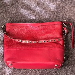 Cherry Red Leather Studded Women's Bag Rebecca Minkoff w Silver Feet & zipper